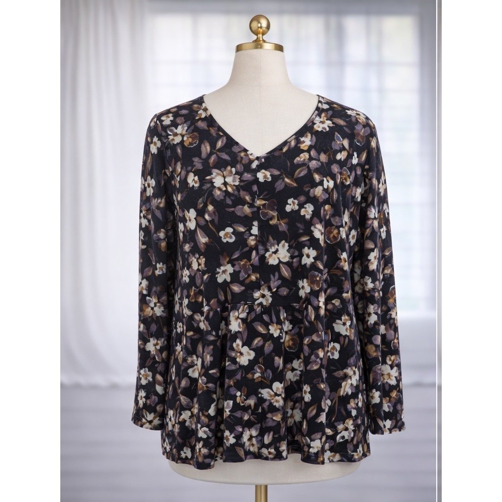 Logo by Lori Goldstien Knit Top Womens 3X Tunic Lagenlook Pockets Black Floral